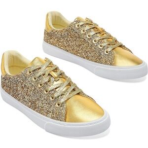 Women’s Glitter Sparkle Low Top Sequin Lace Up Comfort Shoes - Gold - Size 7